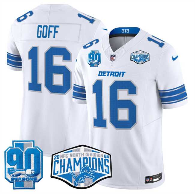 Mens Detroit Lions #16 Jared Goff White 2024 NFC North Champions 90th Anniversary Patch F.U.S.E. Vapor Limited Stitched Jersey